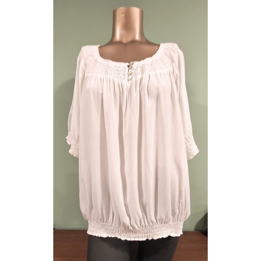 Chico's White Smocked Peasant Blouse Rayon 3/4 Sleeve Size 2 (12) Large